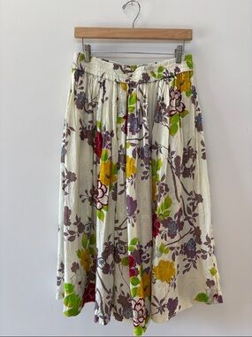 Etro Cream A-Line Midi Skirt with Yellow, Green and Purple Floral Print